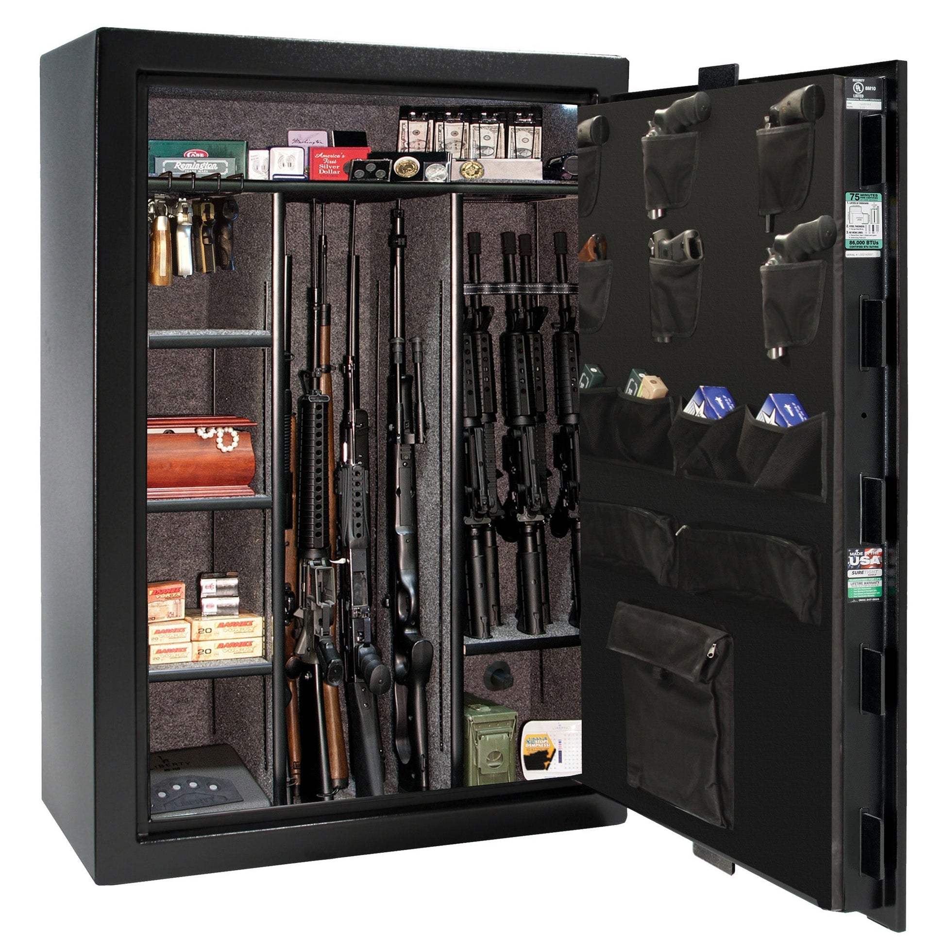 Fatboy Jr. Series | Extreme 6-in-One Flex Interior | Level 4 Security | 75 Minute Fire Protection | Dimensions: 60.5"(H) x 42"(W) x 22"(D) | Up to 45 Long Guns | Black Textured | Mechanical Lock – Open